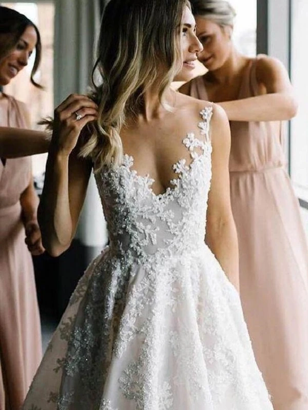 New Arrival V-neck Floral Organza Lace Bridal Dress Wedding Dress A-line Prom Dress   cg18466
