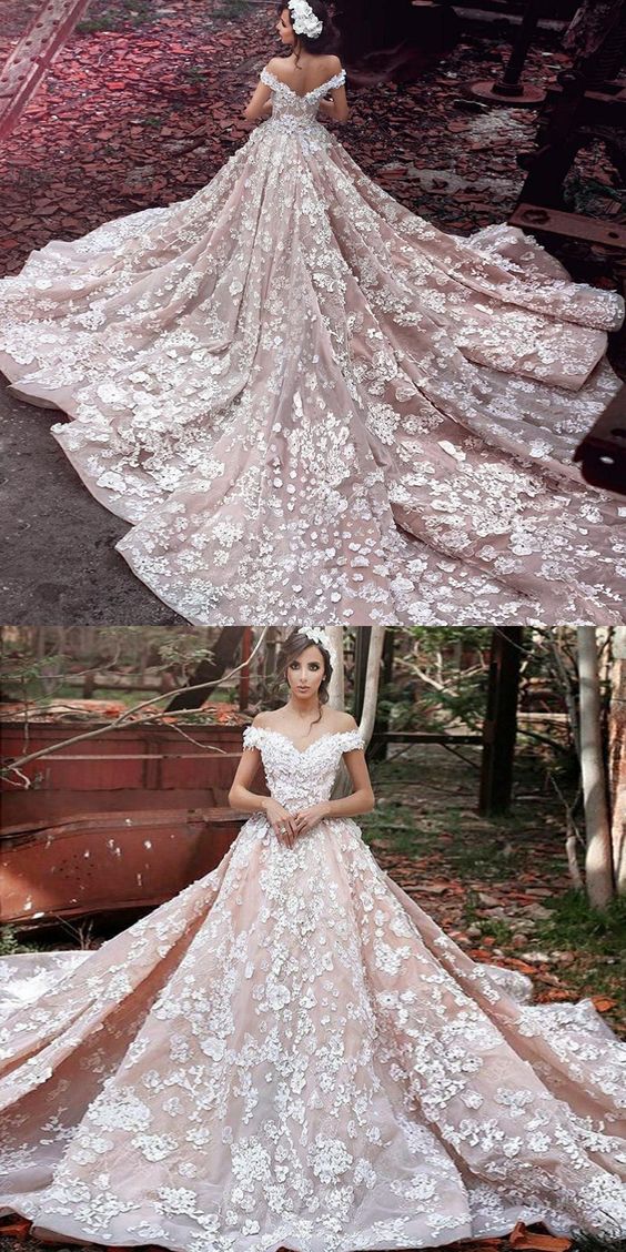 Luxurious Organza Off Shoulder Short Sleeves Wedding Dress with Lace,Cheap prom Gowns cg1847