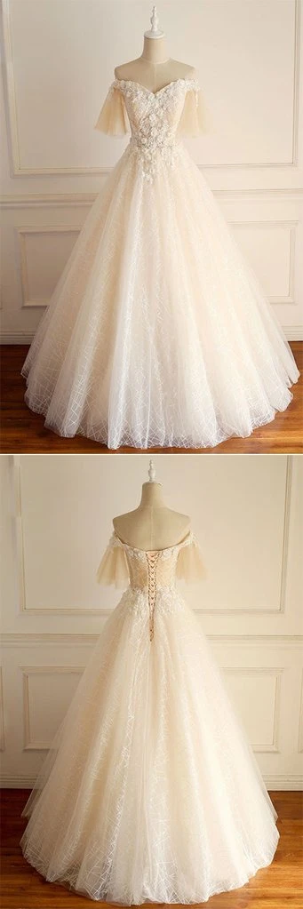 Light Champagne Tulle lace Short Sleeve Strapless Long Formal Prom Dress, Wedding Dress   cg18482