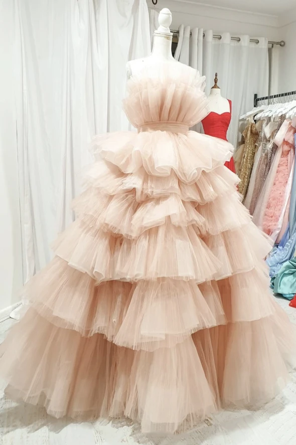 Pink tulle long prom dress A line evening dress   cg18485