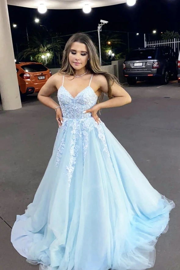 Blue tulle lace long prom dress blue evening dress   cg18486