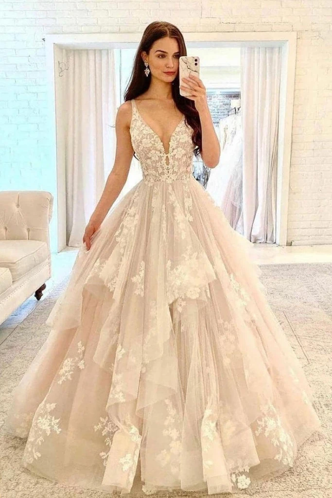 CHAMPAGNE V NECK TULLE LACE LONG PROM DRESS LACE FORMAL DRESS   cg18523