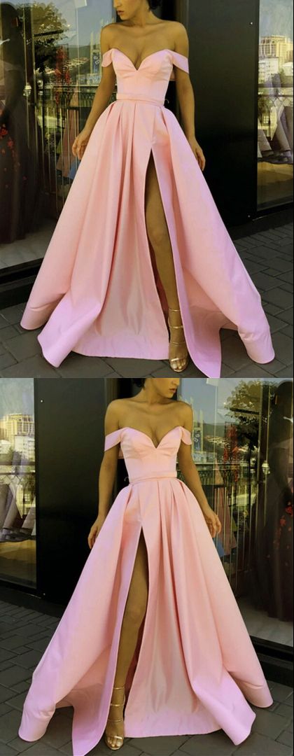 Sexy long pink satin off the shoulder prom dresses side split evening gown   cg18551