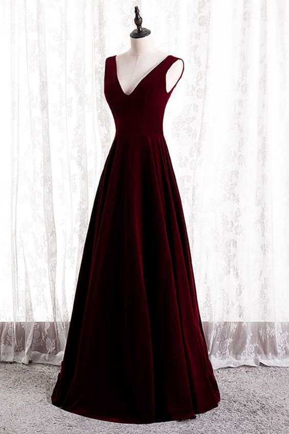 A-line burgundy velvet long prom dress bridesmaid dresses   cg18559