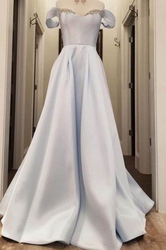 off the shoulder light blue satin long prom dress   cg18563