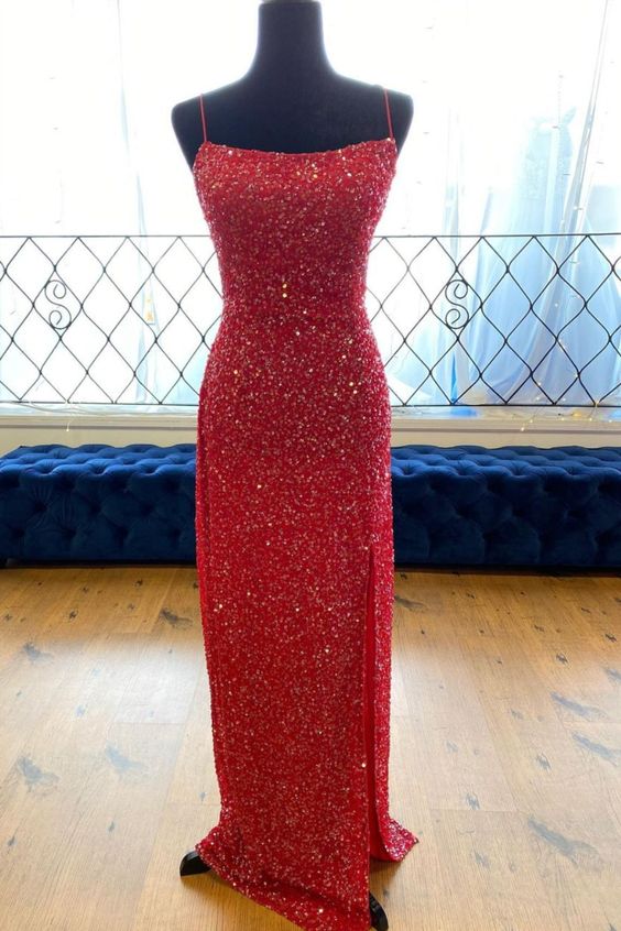 mermaid red sequined long prom dress with spaghetti straps and side slit   cg18570