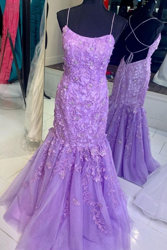 mermaid lavender lace appliqued long prom dress with lace up back   cg18571