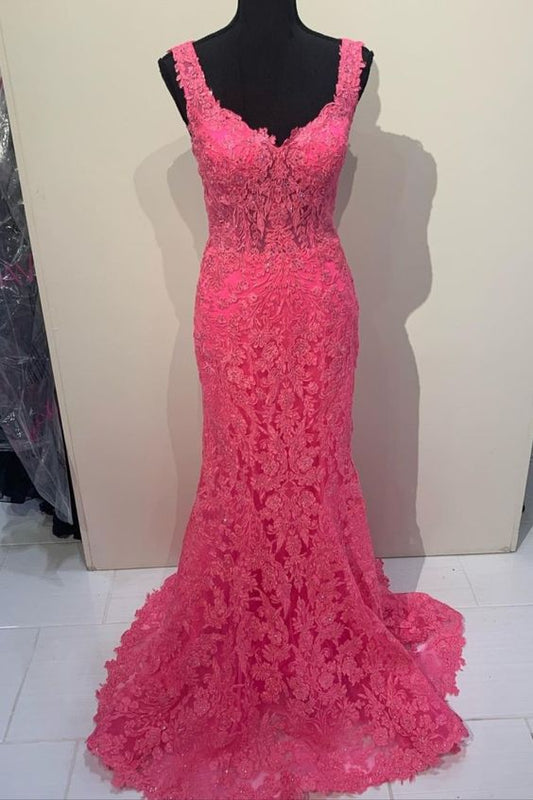 mermaid hot pink lace long prom dress   cg18573