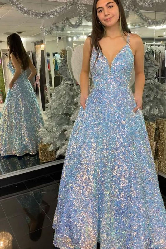 A-line light blue sequined long prom dress with pockets   cg18576