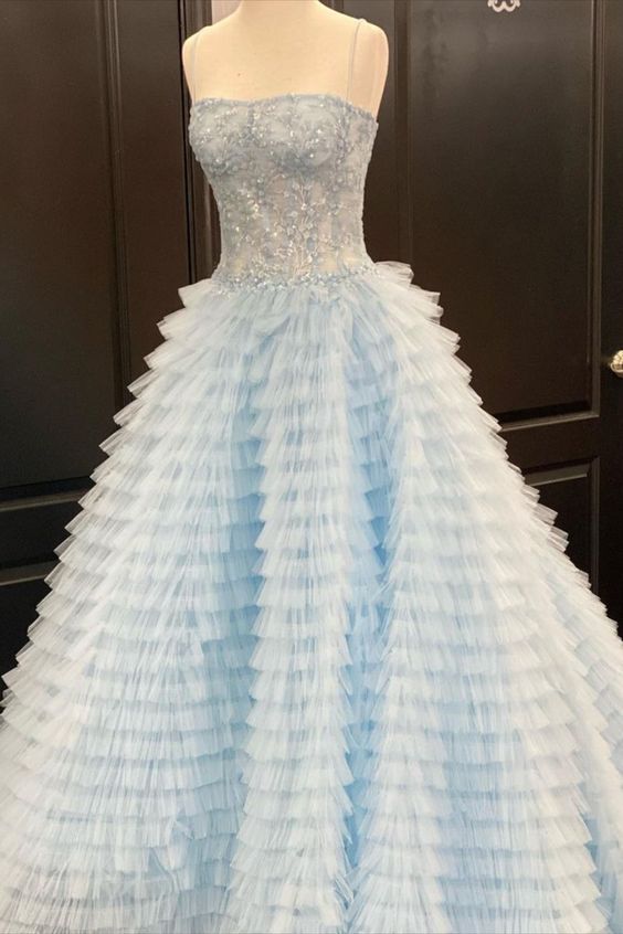strapless light blue tiered long ball gown prom dress    cg18578