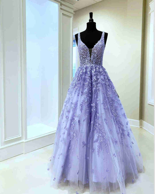 Gorgeous V-Neck Embroidery Lavender Long Prom Dress   cg18587