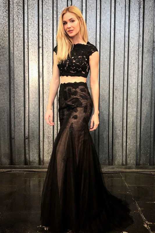 Mermaid 2 Pieces Black Lace Long Prom Dress, Mermaid Black Formal Dress, Two Piece Black Evening Dress   cg18609