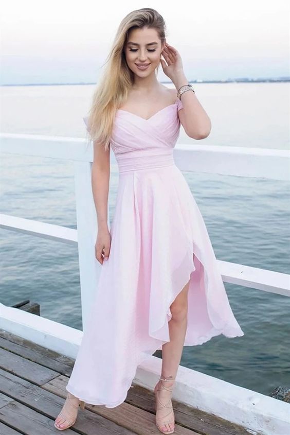 Off Shoulder High Low Pink Chiffon Prom Dress, High Low Pink Formal Graduation Dresses For Women    cg18627