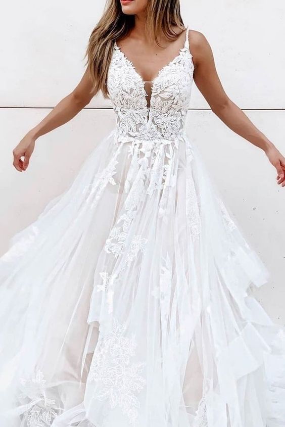 White A-line tulle lace long prom dress white lace long evening dress   cg18631