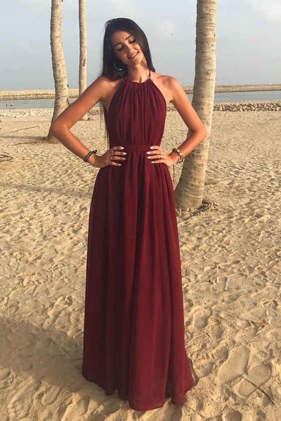 A Line Halter Neck Burgundy Long Prom Dress, Halter Neck Burgundy Formal Graduation Evening Dress   cg18642