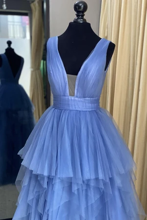 Blue tulle long prom dress A line evening dress   cg18701
