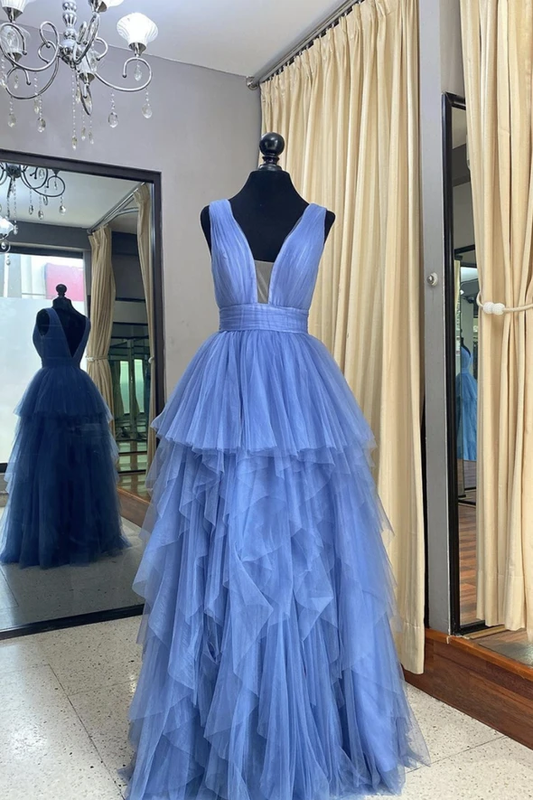 Blue tulle long prom dress A line evening dress   cg18701