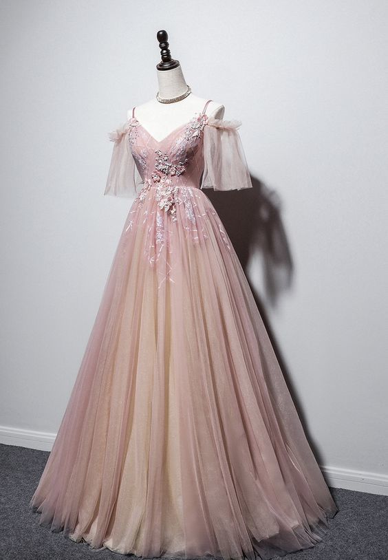 Pink v neck tulle long prom dress pink evening dress    cg18704