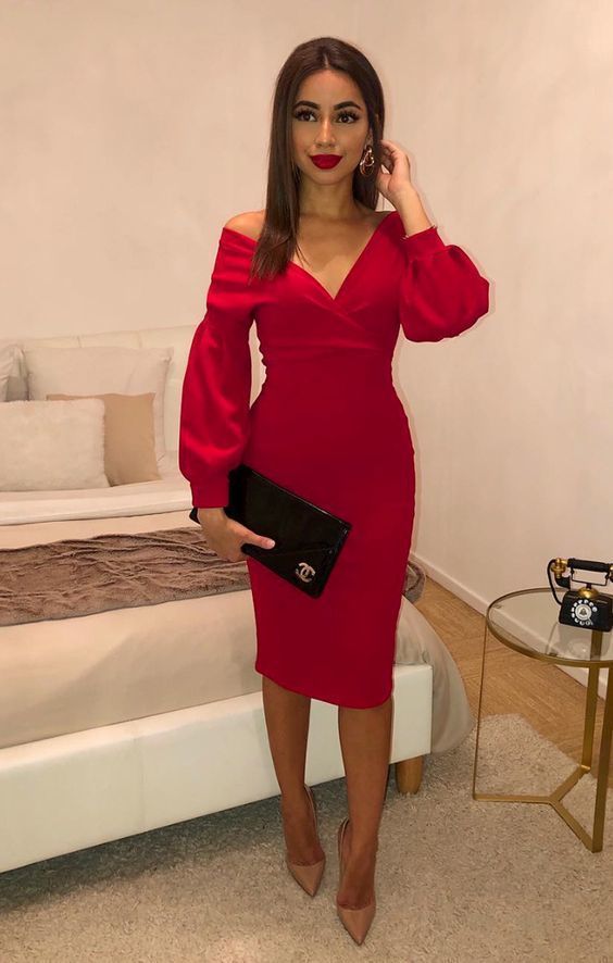 Red Belted Bodycon Midi Dress Prom Dress With Sleeve   cg18713