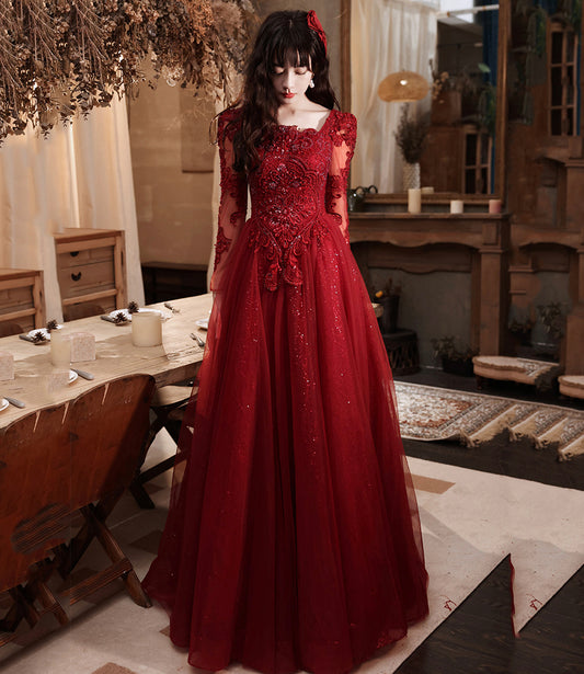 BURGUNDY LACE LONG PROM DRESS EVENING DRESS   cg18726