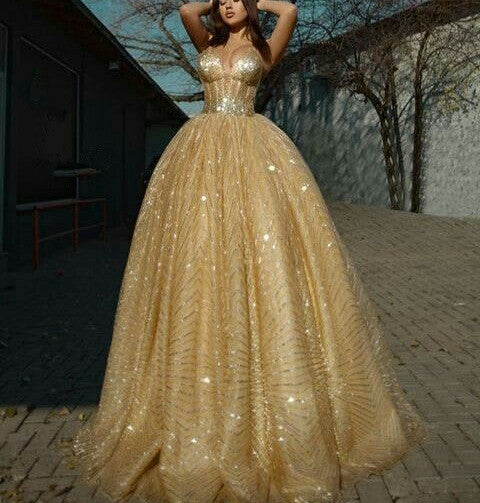 gold V neck spaghetti straps luxury prom ball gown   cg18737