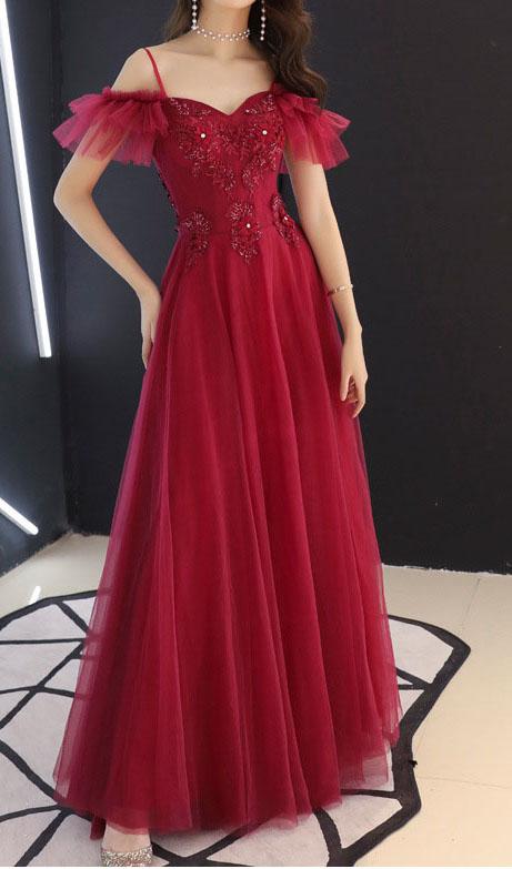 V neck spaghetti straps burgundy prom ball gown   cg18738