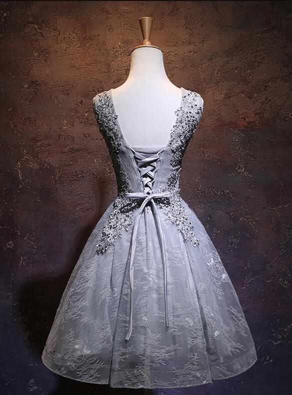 Light Grey Short V-Neckline Lace Applique Party Dress, Grey Homecoming Dress 2021   cg18782