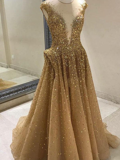 Gold Prom Dress A-line Scoop Custom Made Unique Long Prom Dress   cg18784