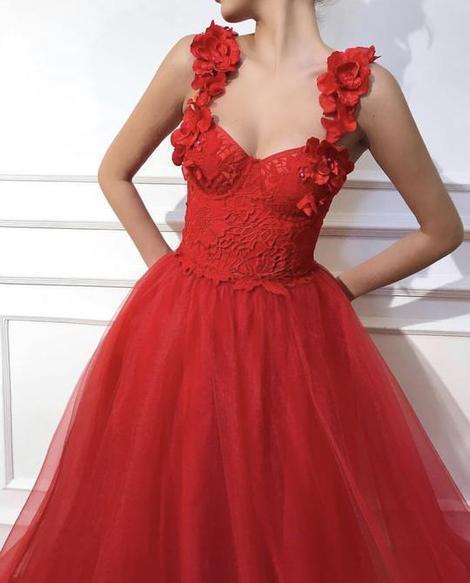 Red Tulle dress fabric Handmade corset with TMD embroidered flowers prom dress   cg18790