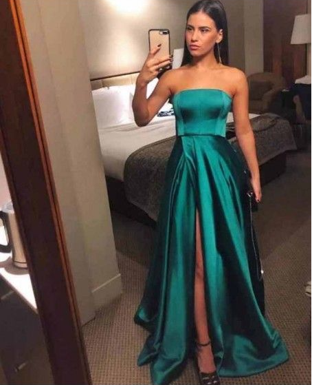 A-Line Strapless Long Satin Prom Dresses Formal Evening Gowns prom dress   cg18791