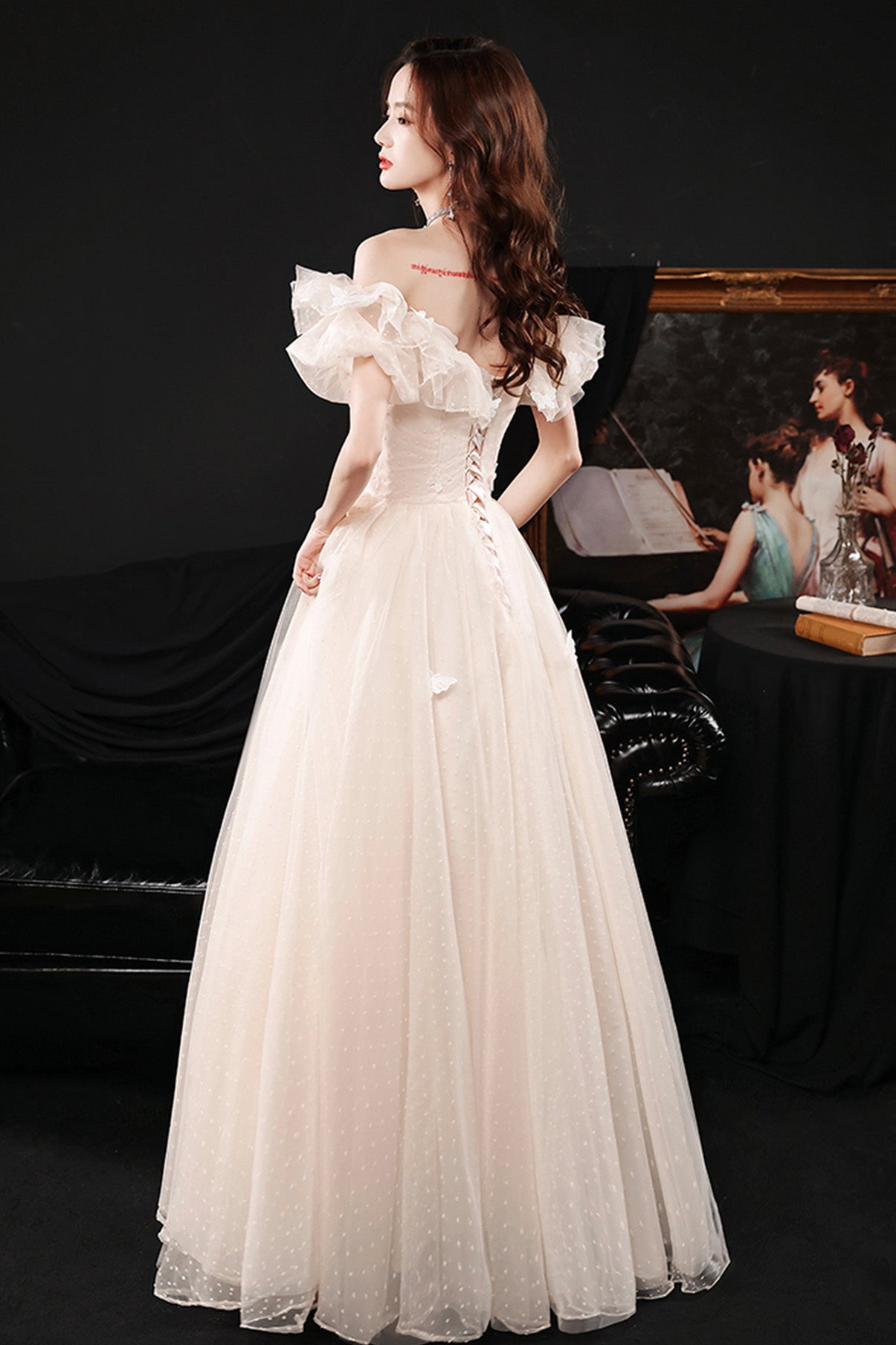 CHAMPAGNE TULLE LONG PROM DRESS EVENING DRESS   cg18801