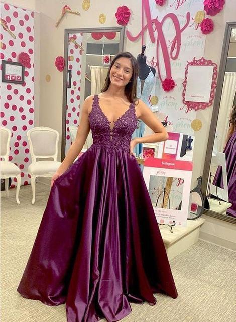 Purple v neck satin lace long prom dress, evening dress   cg18810