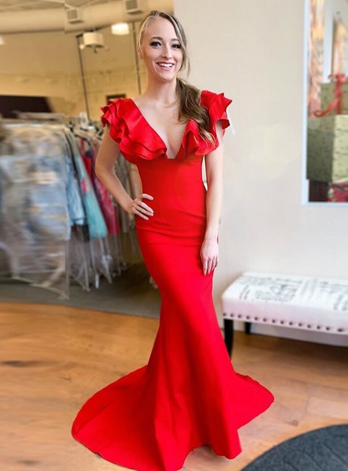 Red Mermaid Satin Deep V-neck Ruffles Long Prom Dress   cg18830
