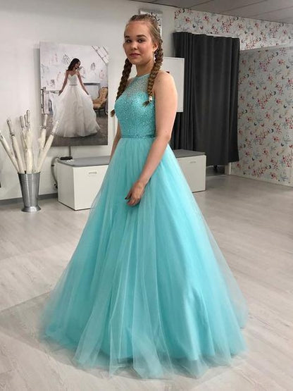 Gorgeous Round Neck Green Beaded Long Prom Dresses, Long Green Formal Evening Dresses   cg18833