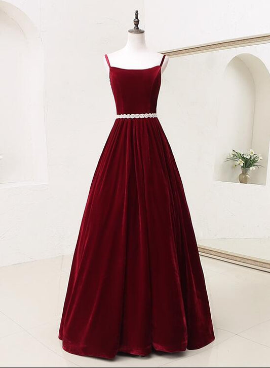 Elegant Straps Velvet Long Formal Dress With Belt, Long Prom Dress   cg18862