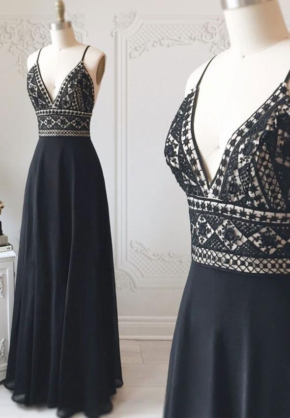 Black chiffon long prom dress lace evening dress Custom made   cg18867