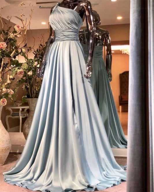 Sexy One Shoulder Long Silver Prom Dress Satin Pleats A Line Floor Length Formal Women Dresses   cg18870