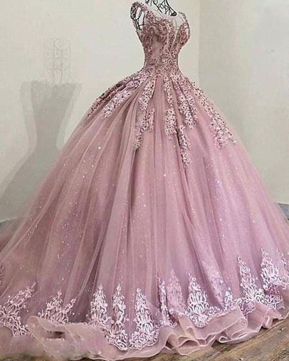 ball gown prom Pricess Scoop Neck Glitter Sequins Tulle lace Mauve Pink Ball Gown    cg18882