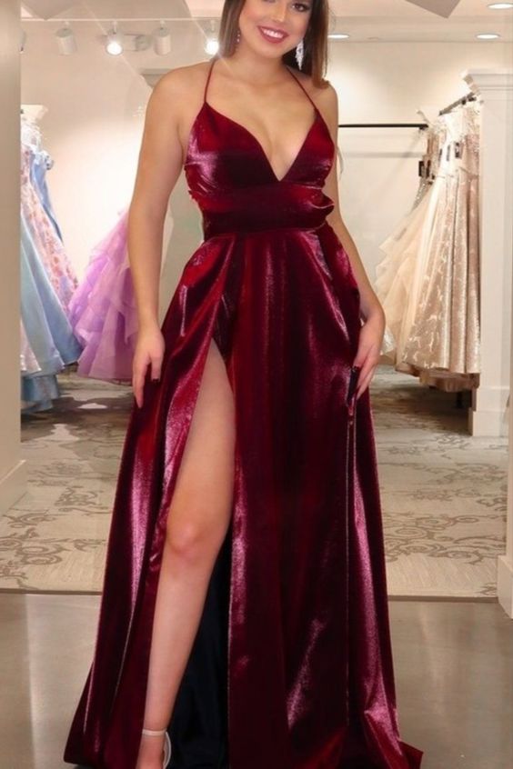 Princess A-line Burgundy Long Formal Dress with Side Slit Prom Dress   cg18890