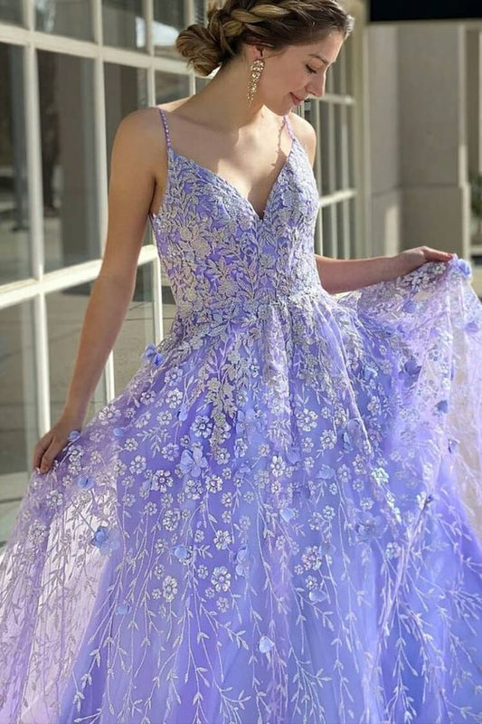 A-line lavender lace long prom dress ball gown   cg18897