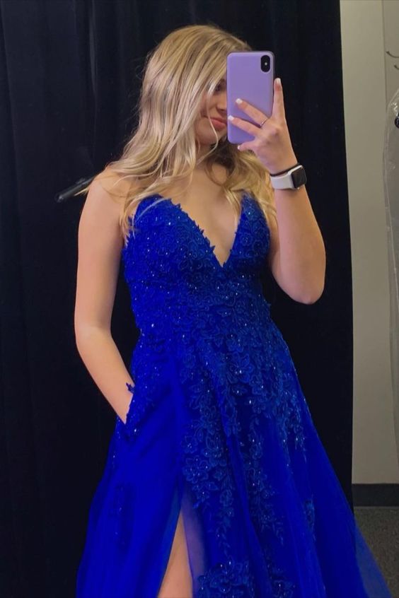 A-line royal blue long prom dress with side slit and pockets    cg18900