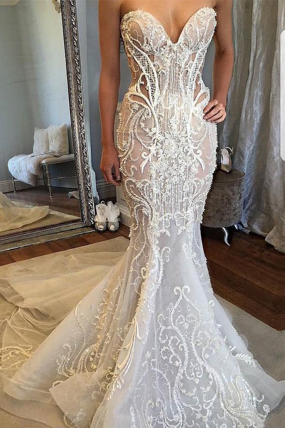 Mermaid Sweetheart Court Train Wedding Dress with Lace Beading prom dress evening dress   cg18917