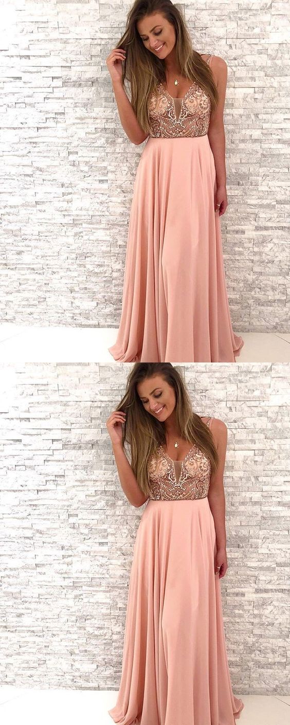 Gorgeous Beaded Pink Chiffon Long Prom Dress,V-Neck A Line Party Dress   cg18918