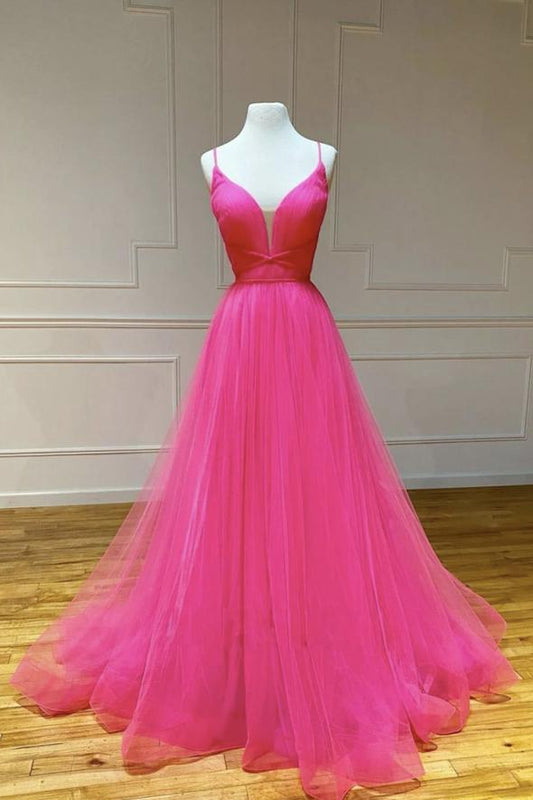 Simple v neck tulle long prom dress A line evening dress   cg18932