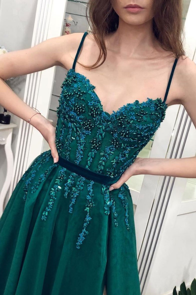 Green sweetheart neck tulle lace long prom dress green evening dress   cg18933