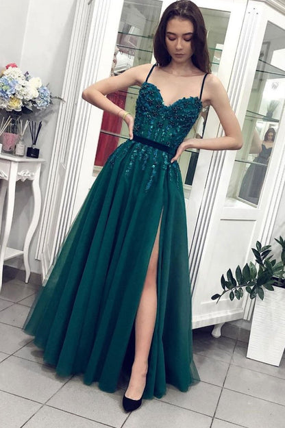 Green sweetheart neck tulle lace long prom dress green evening dress   cg18933