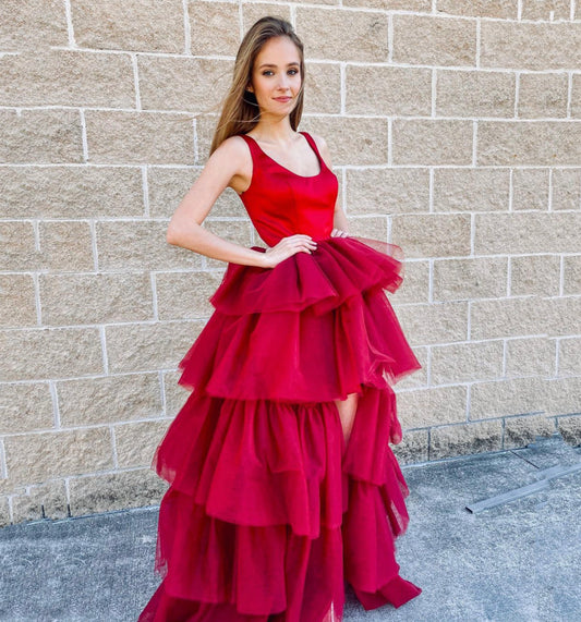 RED A LINE TULLE LONG PROM DRESS HIGH LOW EVENING DRESS   cg18935