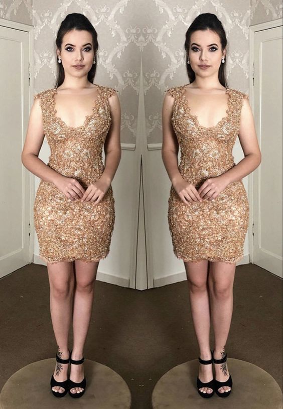 Elegant gold lace short homecoming dresses    cg18936