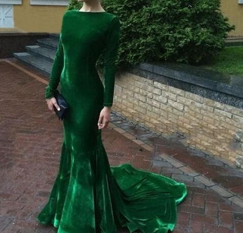 Elegant Green Prom Dress,Long Sleeve Evening Dresses, Velvet Emerald Green Prom Gown   cg18952