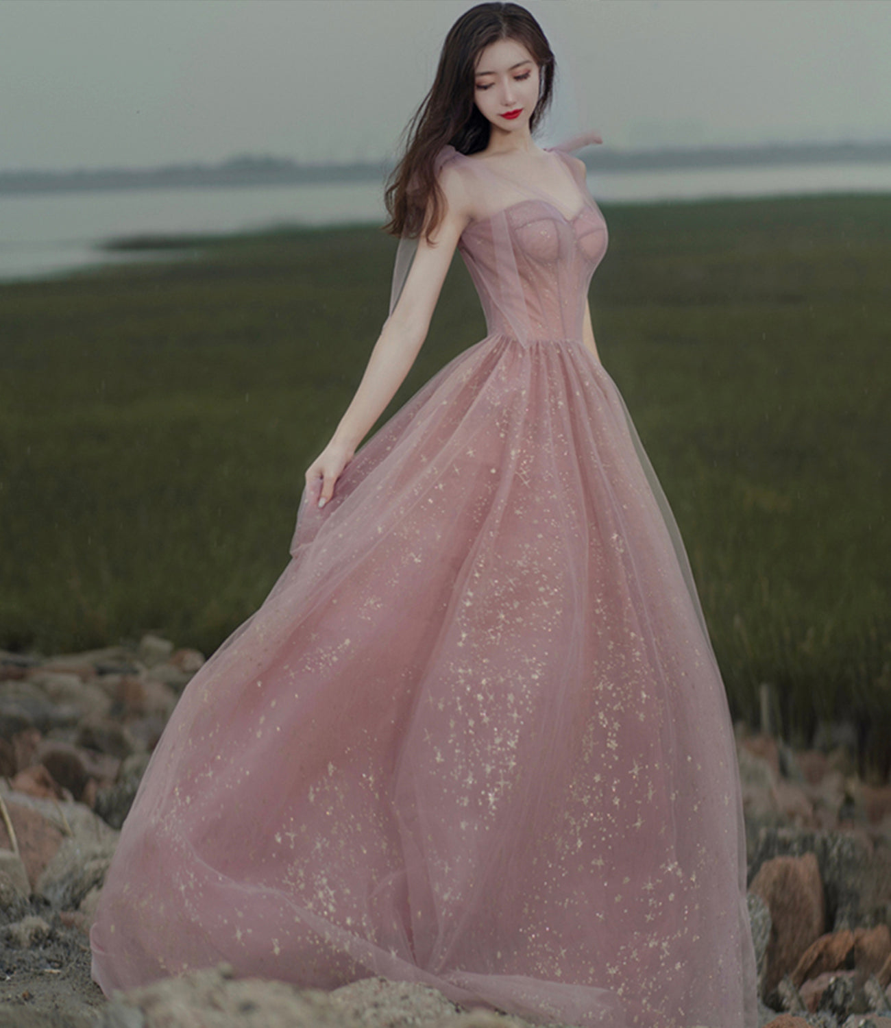 PINK A LINE PROM DRESS PINK TULLE EVENING DRESS     cg18962